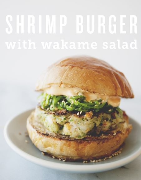 shrimp burger with wakame salad on plate